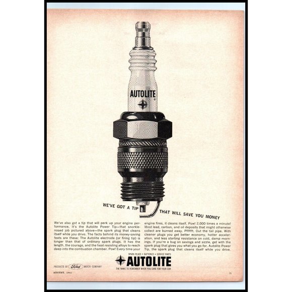 1963 Autolite Spark Plug Vintage Print Ad We've Got a Tip Wall Art Photo Ford - Picture 1 of 1